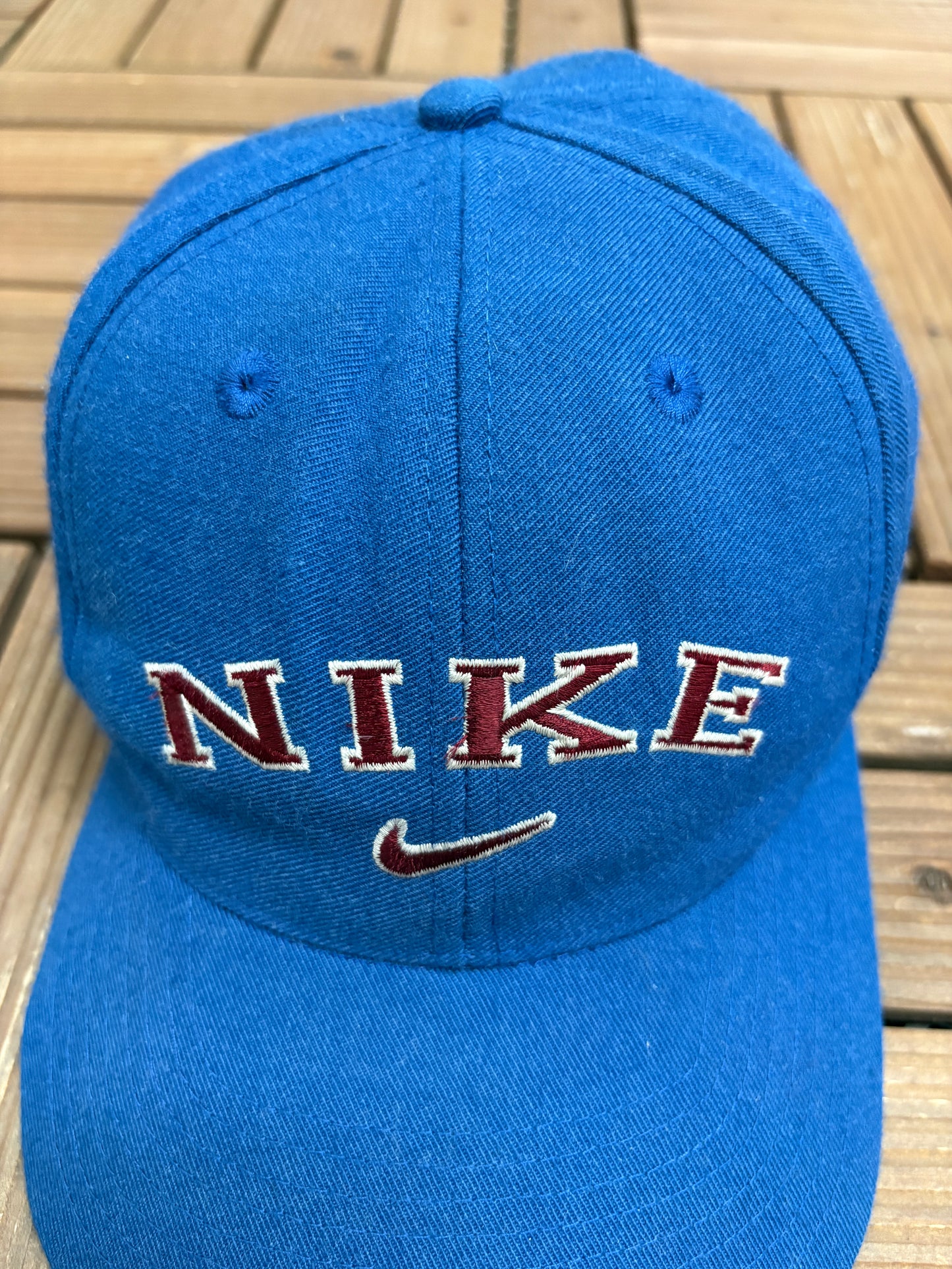 Nike Spell Out Embroidered Graphic Hat | Snap Back | Vintage 1990s Branded Blue Cap |