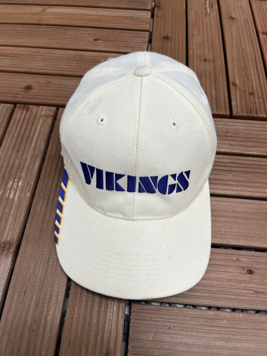 Minnesota Vikings Embroidered Graphic Hat | Strap Back | Vintage 1990s Sports Specialties NFL Football White Cap |