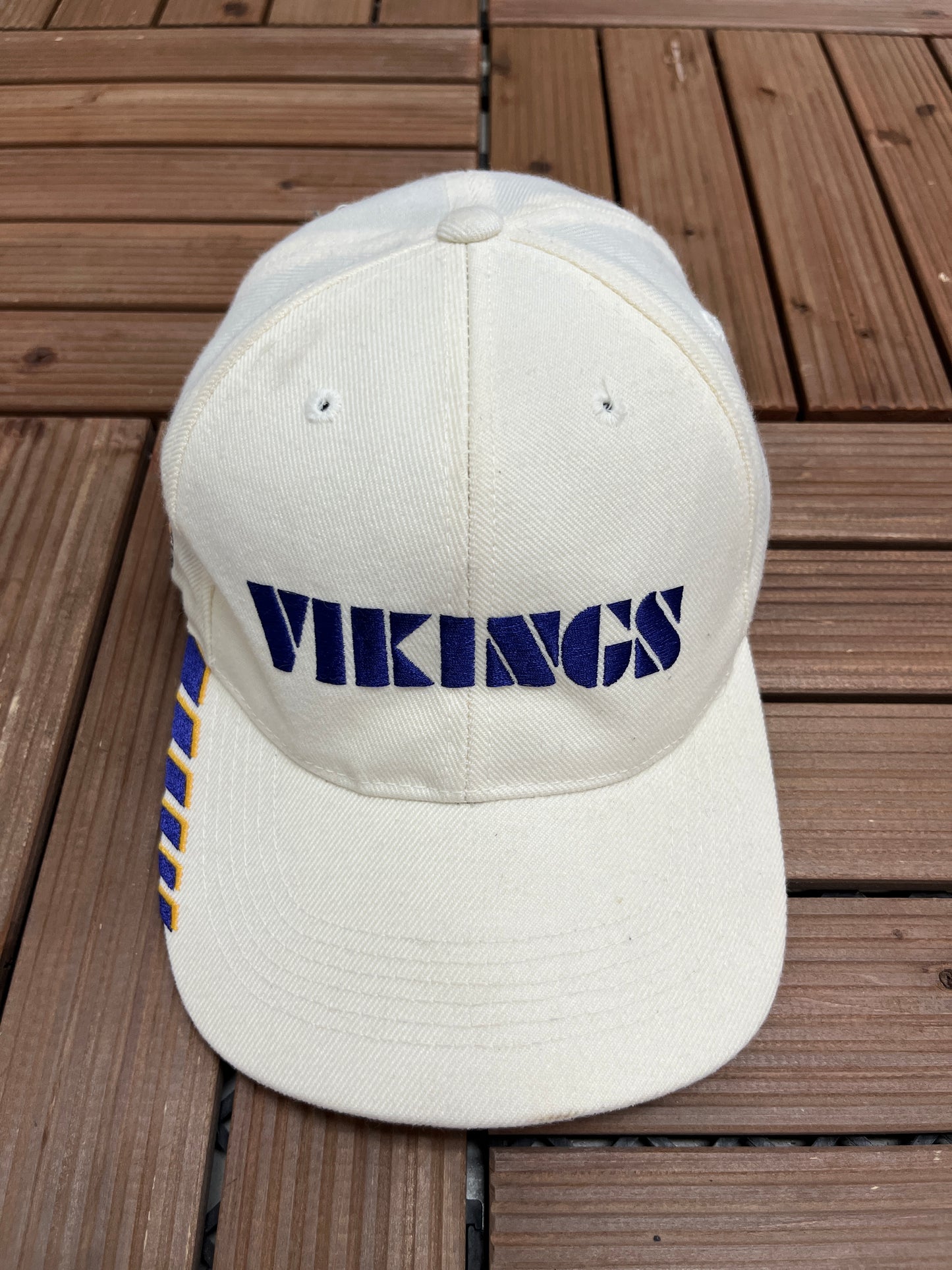 Minnesota Vikings Embroidered Graphic Hat | Strap Back | Vintage 1990s Sports Specialties NFL Football White Cap |