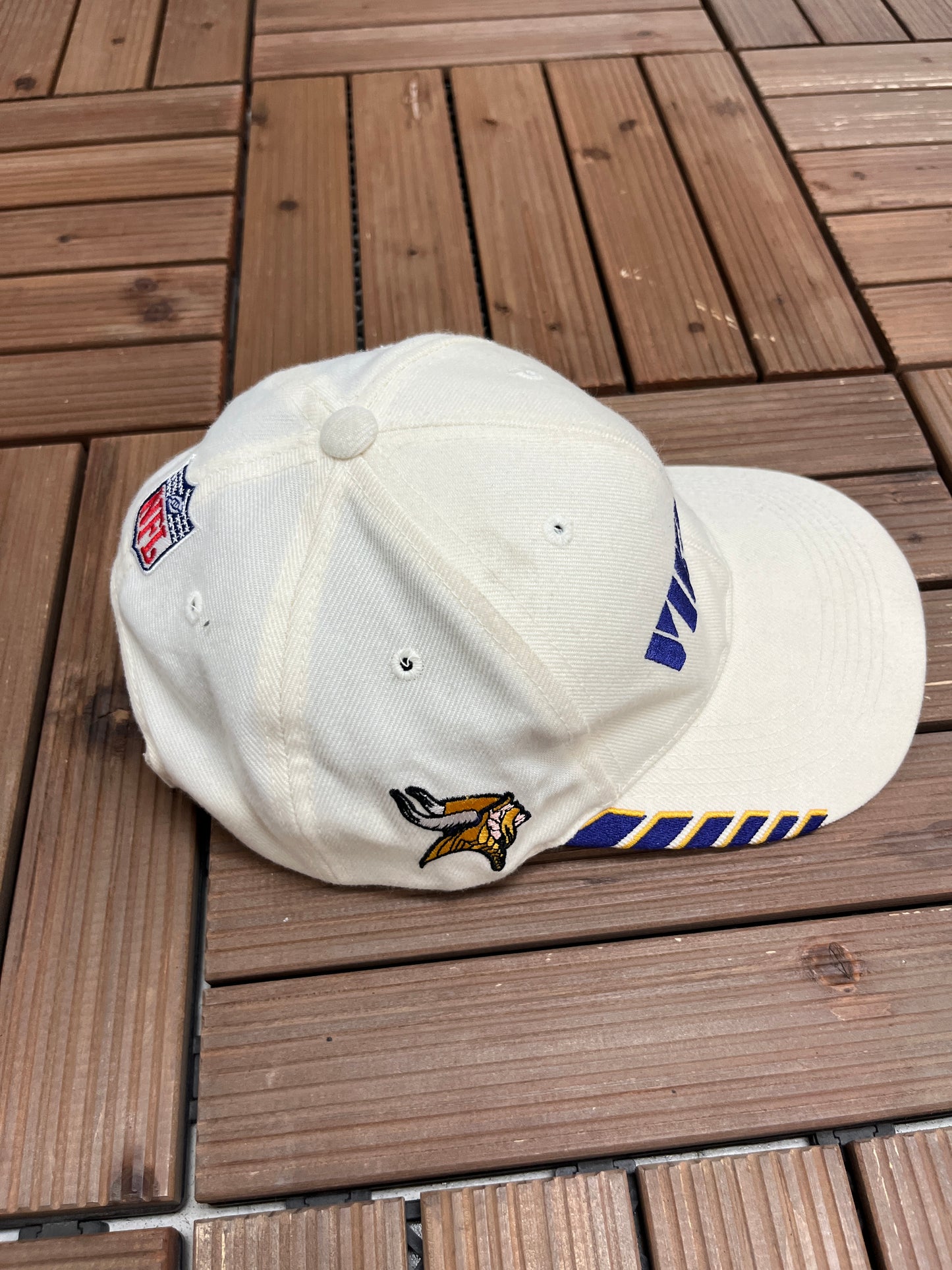 Minnesota Vikings Embroidered Graphic Hat | Strap Back | Vintage 1990s Sports Specialties NFL Football White Cap |