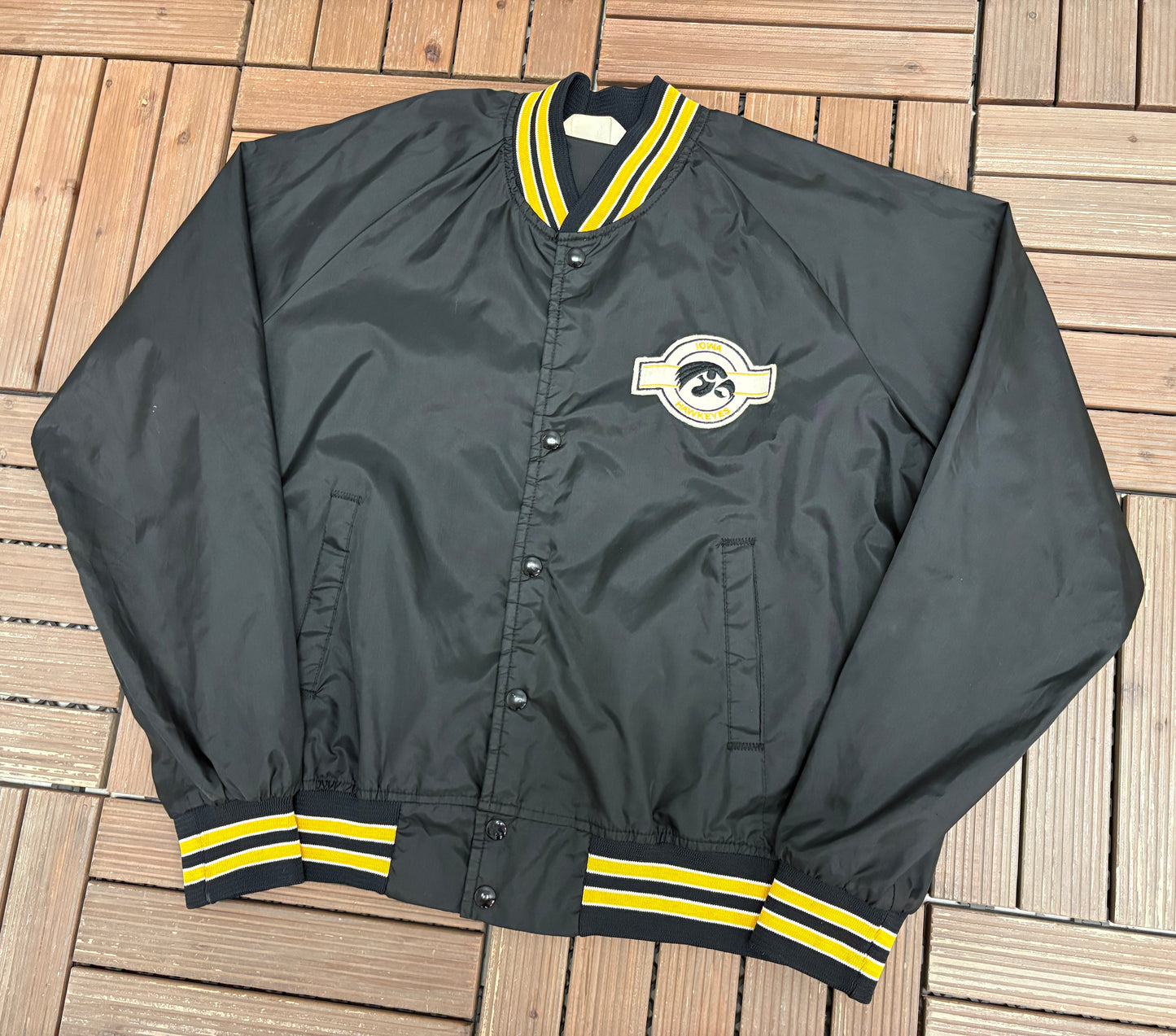 Iowa Hawkeyes Stitched Graphic Jacket | Size Large | Vintage 1980s College Black Jacket |