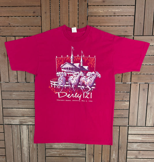 Kentucky Derby 1995 Graphic Tee | Size X-Large |Vintage 1990s Horse Racing Pink T-Shirt|