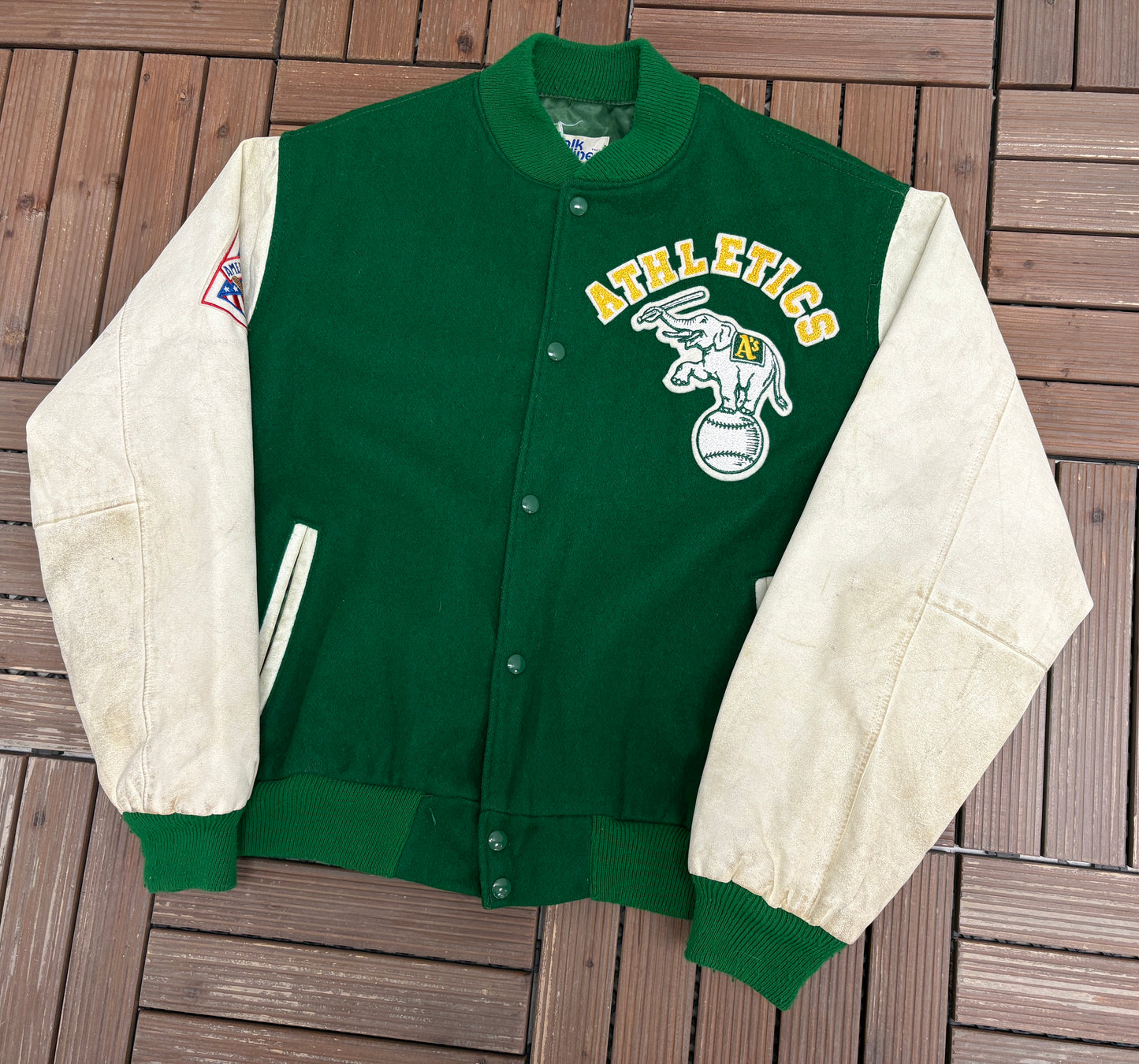 Oakland Athletics Stitched Varsity Jacket | Size X-Large | Vintage 1980s MLB Baseball Green Jacket |