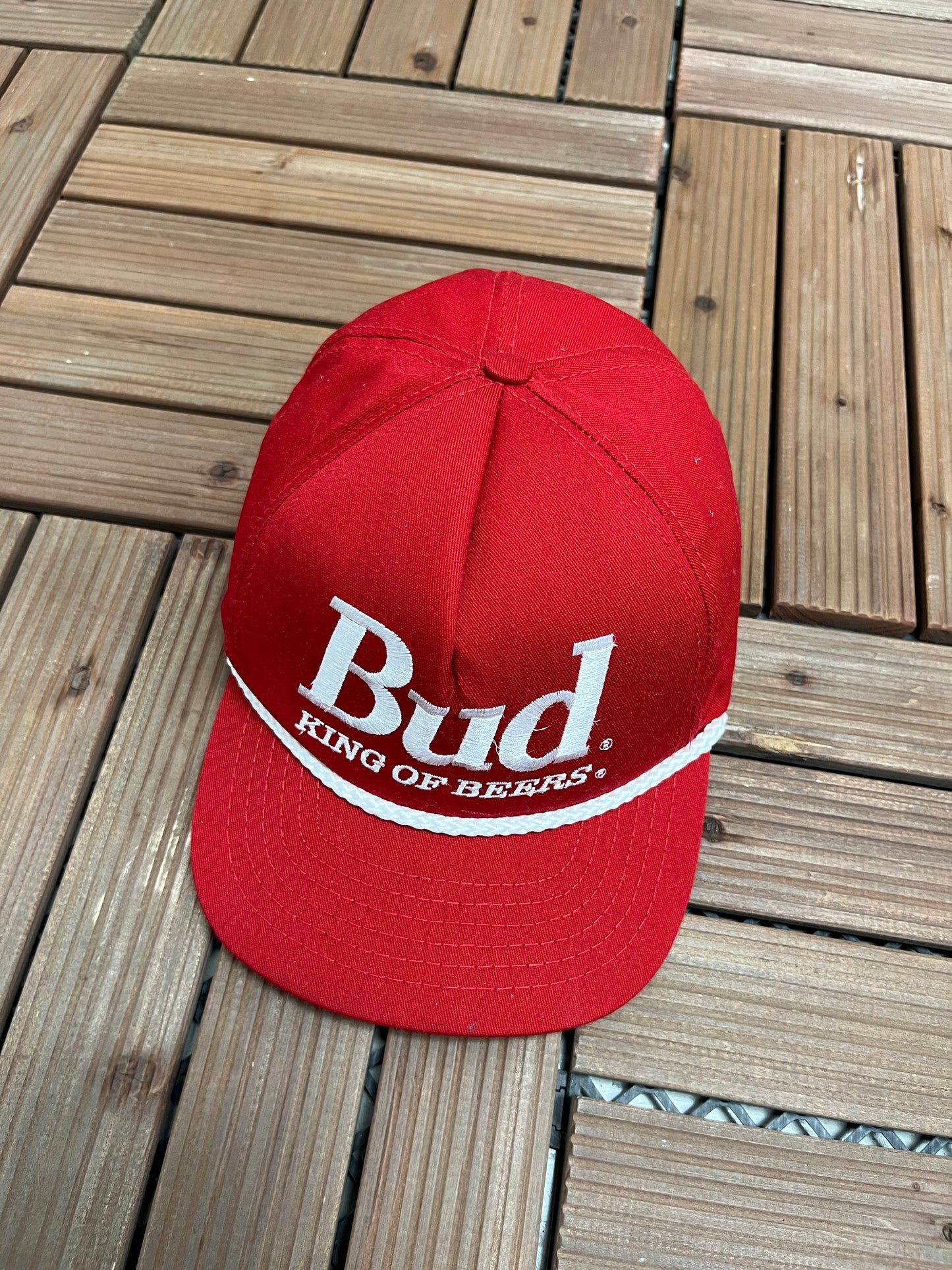 Budweiser King Of Beers Graphic Hat | Metal Clasp | Vintage 1990s Promotional Red Cap |