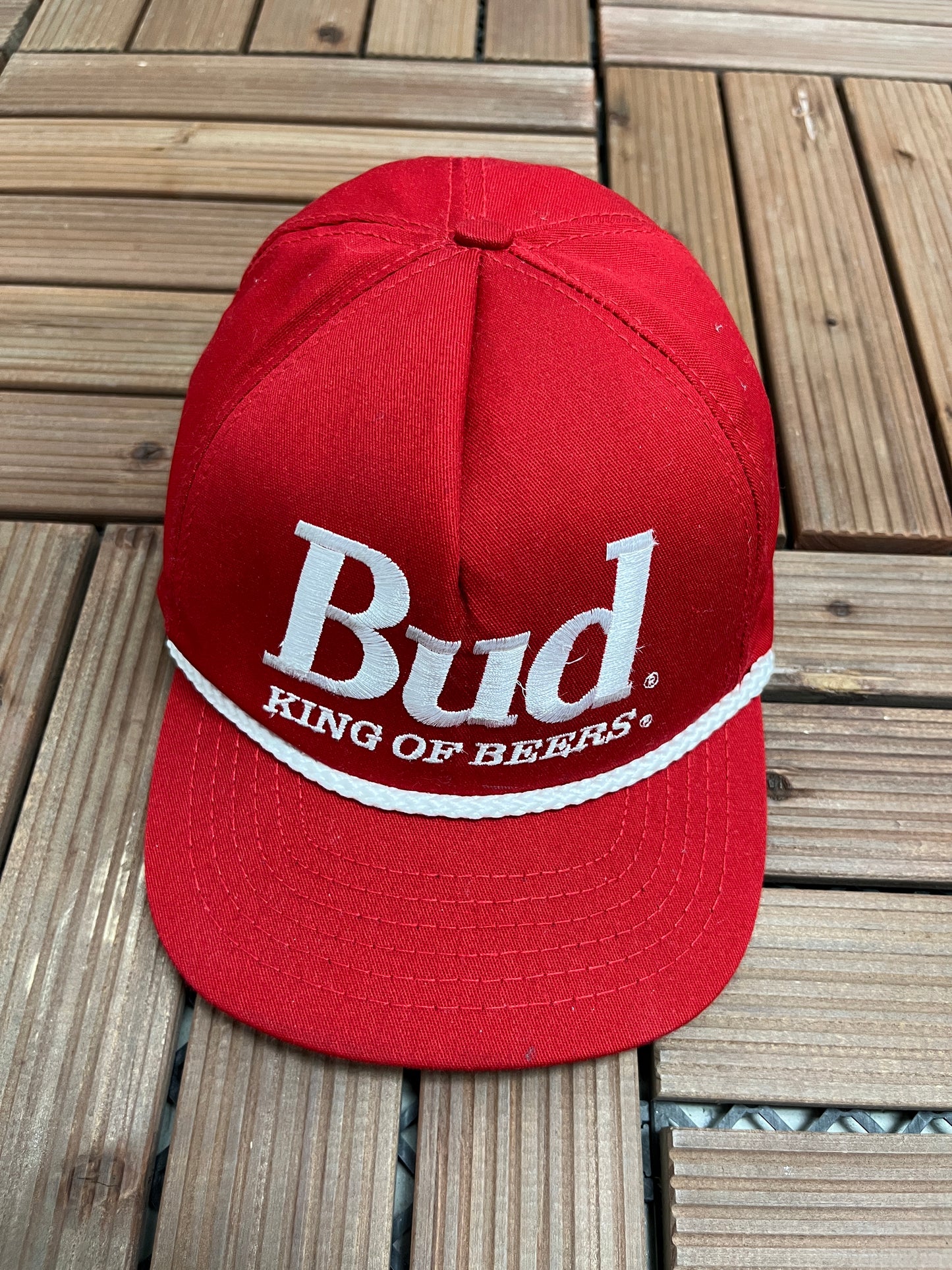 Budweiser King Of Beers Graphic Hat | Metal Clasp | Vintage 1990s Promotional Red Cap |