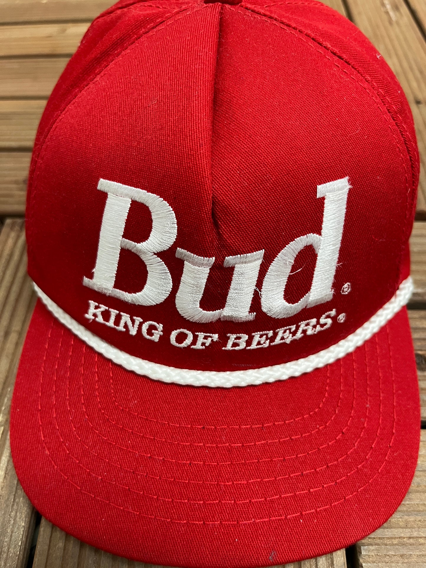 Budweiser King Of Beers Graphic Hat | Metal Clasp | Vintage 1990s Promotional Red Cap |