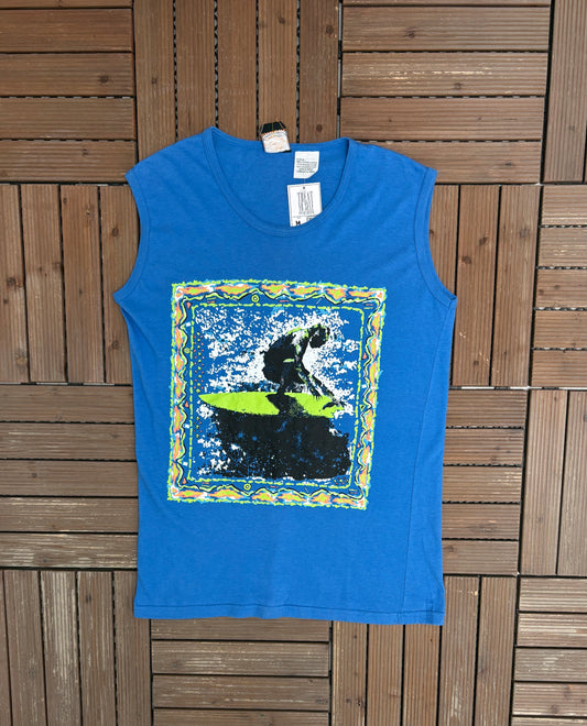 Sunsations Sportswear Surfing Graphic Tee | Size Medium | Vintage 1990s Blue Tank Top T-Shirt |