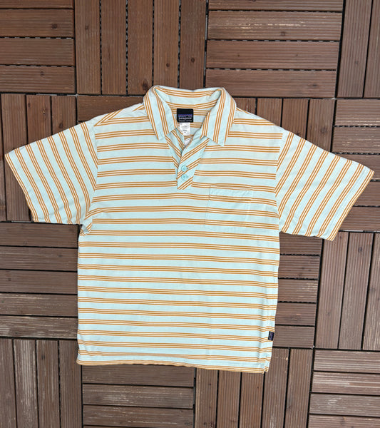 Patagonia Branded Striped Graphic Tee | Size Medium | Vintage 2000s Striped Blue & Brown Collared T-Shirt |