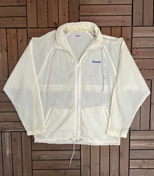 Reebok Embroidered Graphic Windbreaker | Size Medium | Vintage 1990s Reebok Branded White Jacket |