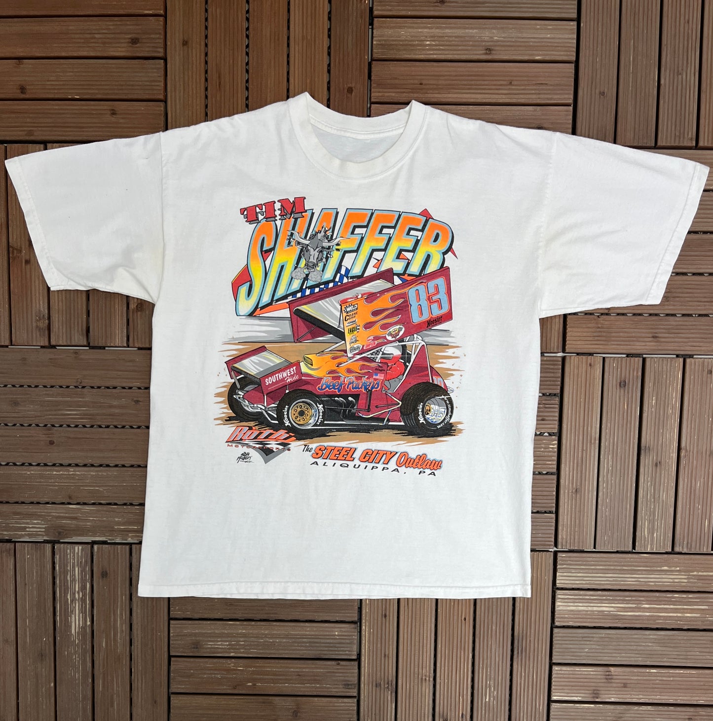 Tim Shaffer The Steel City Outlaw Graphic Tee | Size X-Large | Vintage 2000s Racing White T-Shirt |