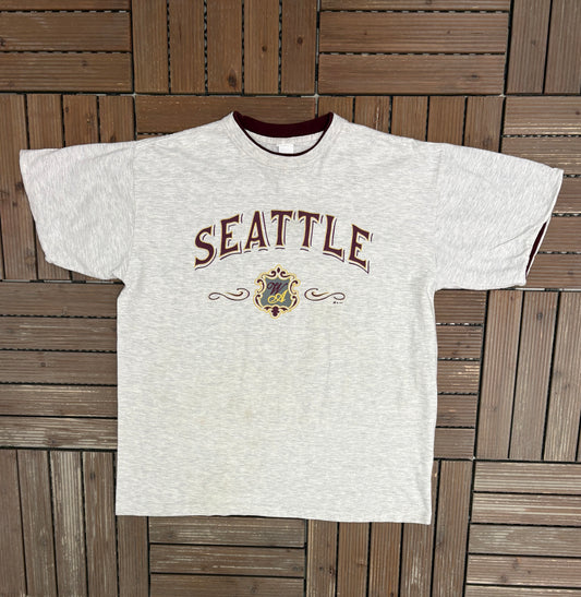 Seattle, Washington Graphic Tee | Size Large | Vintage 1990s Tourist Promotional Grey T-Shirt |