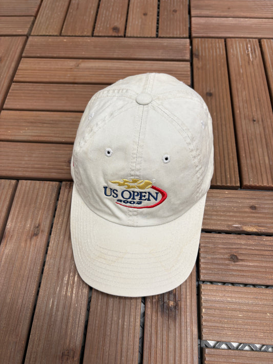 US Open Tennis Championships 2002 Graphic Hat | Metal Clasp | Vintage 2000s Tennis Beige Cap |