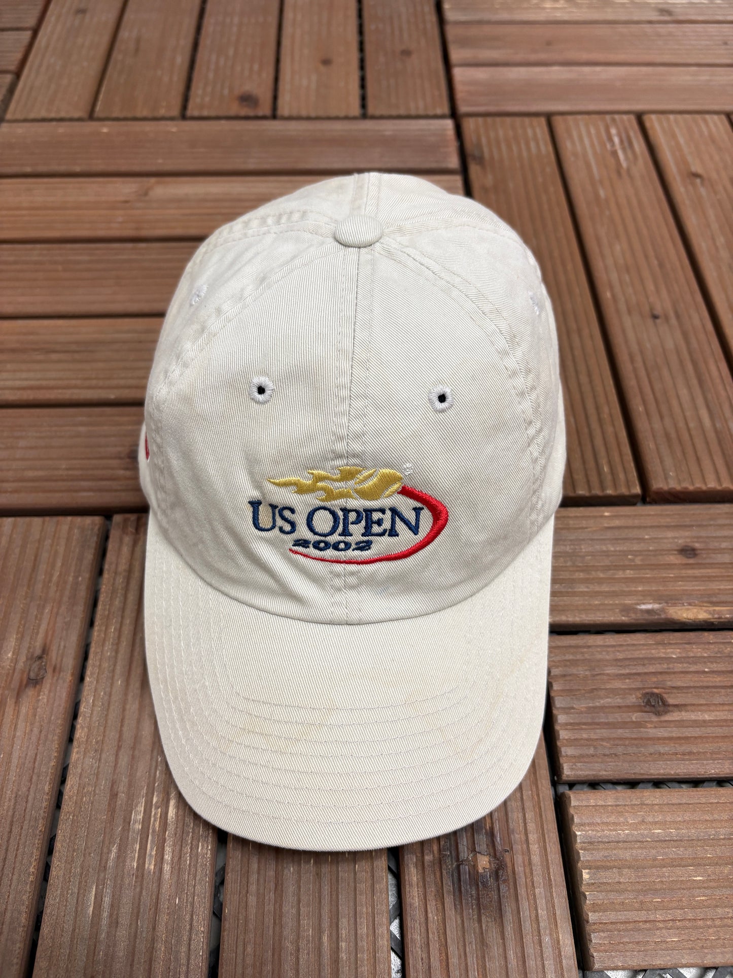 US Open Tennis Championships 2002 Graphic Hat | Metal Clasp | Vintage 2000s Tennis Beige Cap |