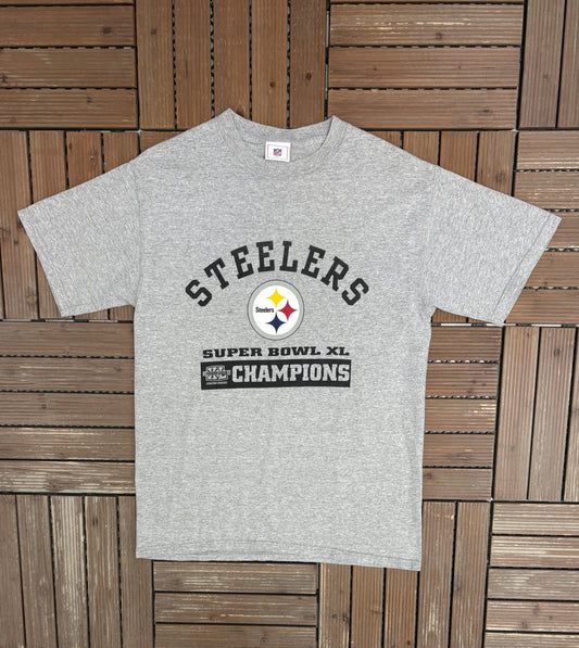 Pittsburgh Steelers Super Bowl XL Champions Graphic Tee | Size Medium | Vintage 2000s NFL Football Grey T-Shirt |