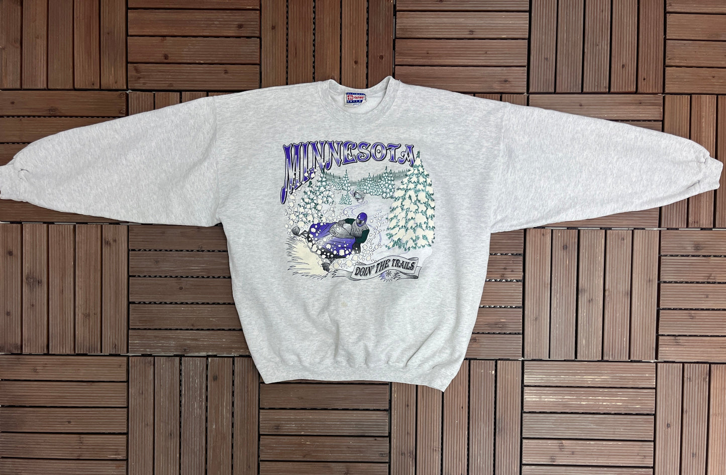 Minnesota Doin' The Trails Snow Mobile Graphic Crewneck | Size X-Large | Vintage 1990s Scenic Grey Sweater |