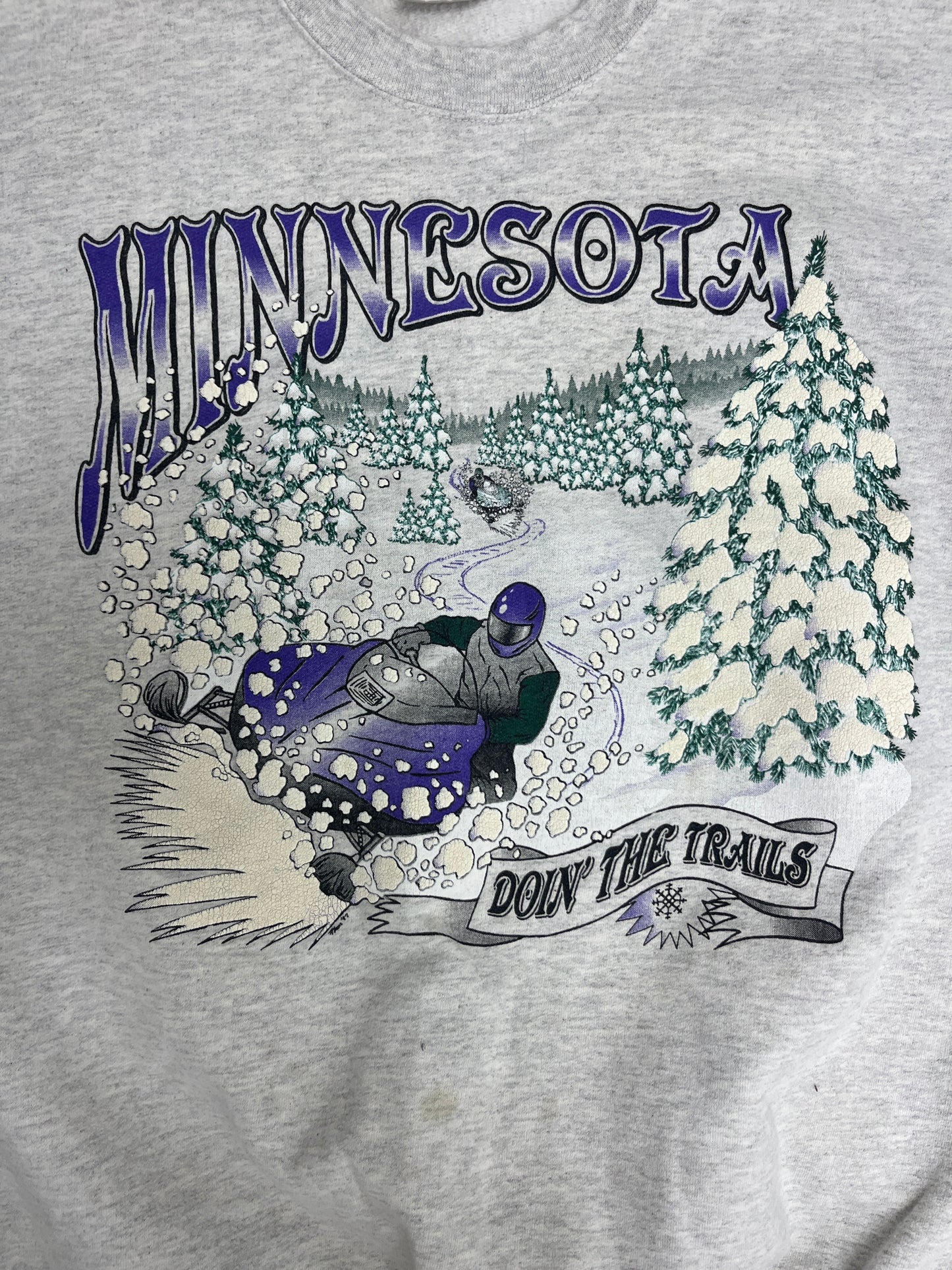 Minnesota Doin' The Trails Snow Mobile Graphic Crewneck | Size X-Large | Vintage 1990s Scenic Grey Sweater |