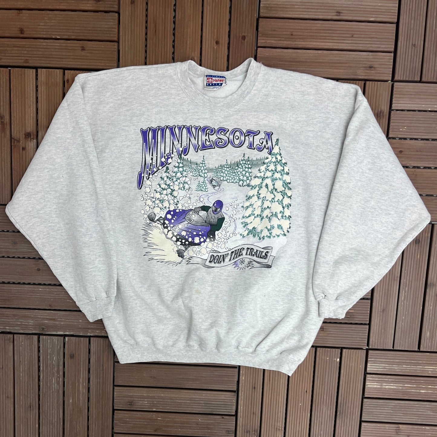 Minnesota Doin' The Trails Snow Mobile Graphic Crewneck | Size X-Large | Vintage 1990s Scenic Grey Sweater |