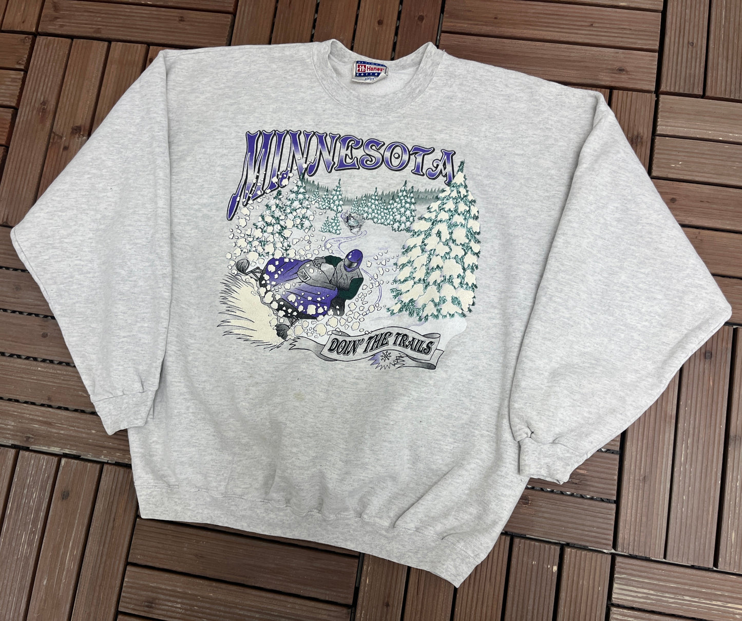 Minnesota Doin' The Trails Snow Mobile Graphic Crewneck | Size X-Large | Vintage 1990s Scenic Grey Sweater |