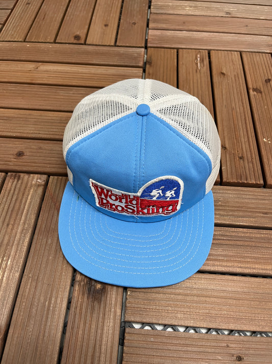 World Pro Skiing Graphic Hat | Snap Back | Vintage 1980s Promotional Trucker Blue Hat |