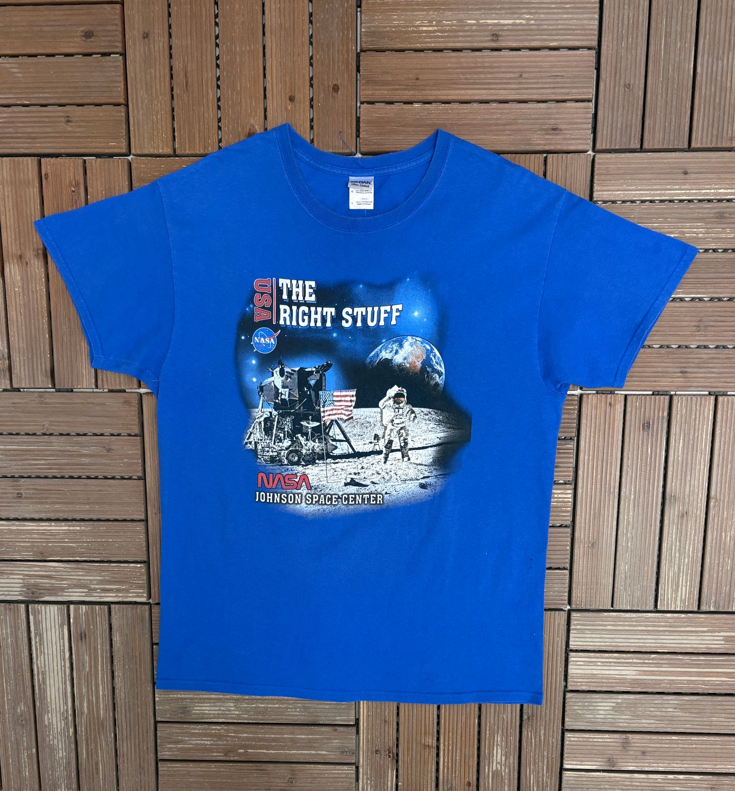 NASA Johnson Space Center Graphic Tee | Size Large | Vintage 2000s Promotional Blue T-Shirt |