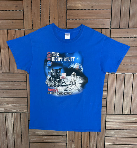 NASA Johnson Space Center Graphic Tee | Size Large | Vintage 2000s Promotional Blue T-Shirt |