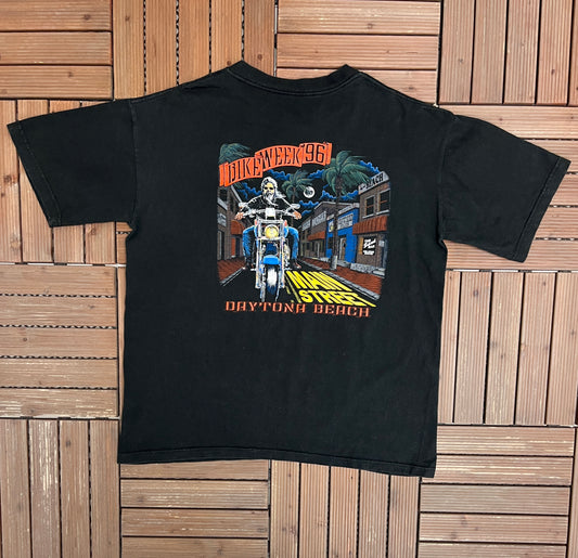 Daytona Beach Bike Week '96 Graphic Tee | Size X-Large | Vintage 1990s Motorcycle Biker Black T-Shirt |