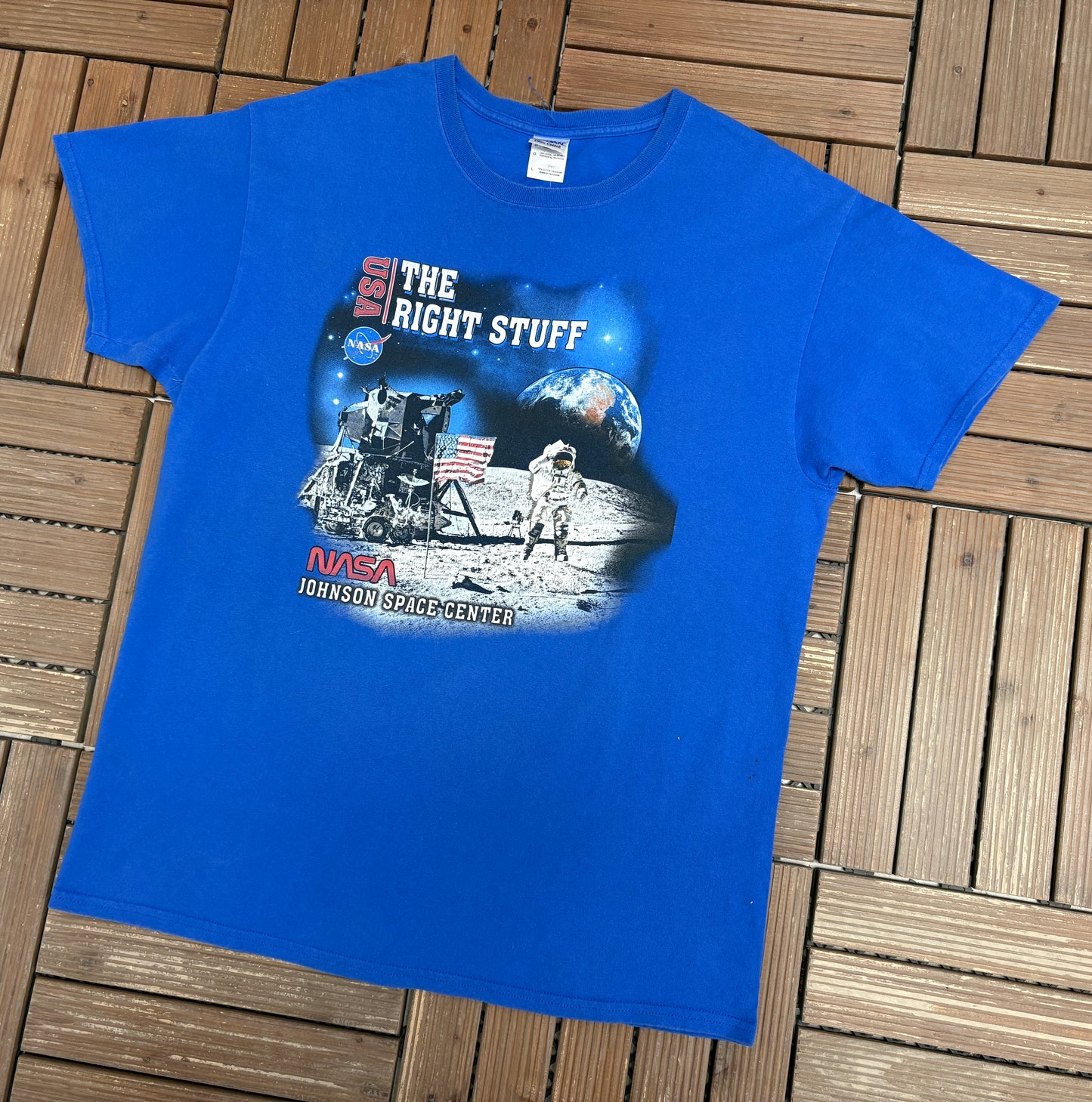 NASA Johnson Space Center Graphic Tee | Size Large | Vintage 2000s Promotional Blue T-Shirt |