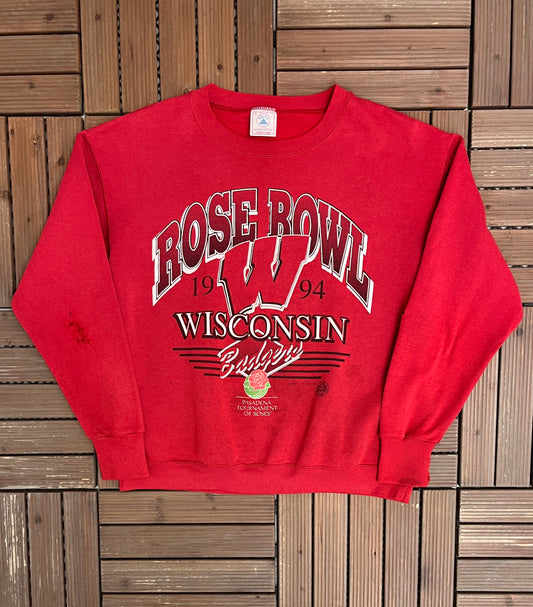 Wisconsin Badgers Rose Bowl 1994 Graphic Crewneck | Size Large | Vintage 1990s College Sports Red Sweater |