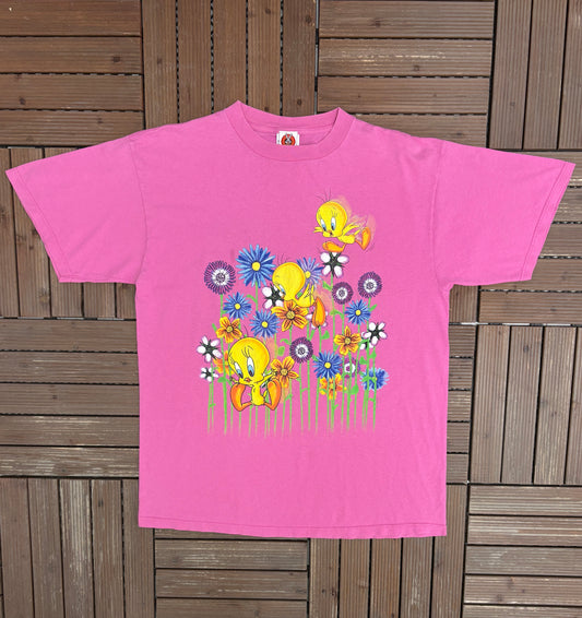 Tweety Bird Graphic Tee | Size X-Large | Vintage 1990s Tweety Bird Looney Tunes Cartoon Pink T-Shirt |
