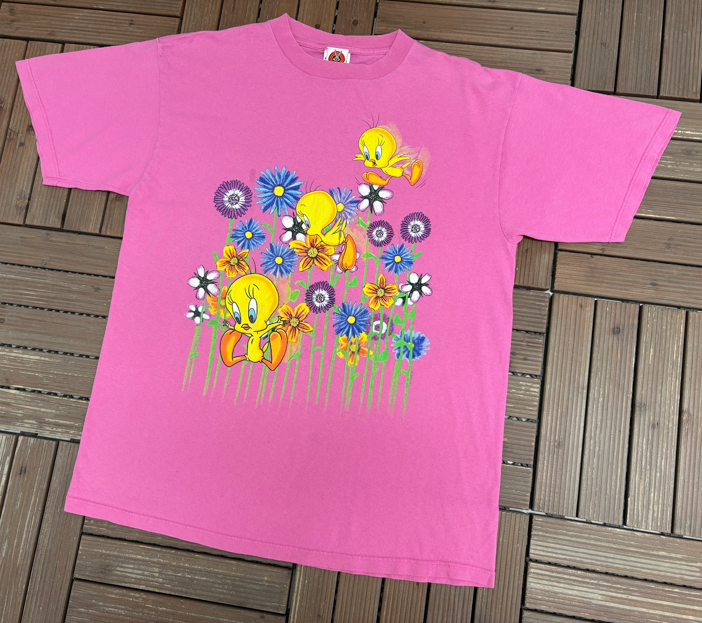 Tweety Bird Graphic Tee | Size X-Large | Vintage 1990s Tweety Bird Looney Tunes Cartoon Pink T-Shirt |