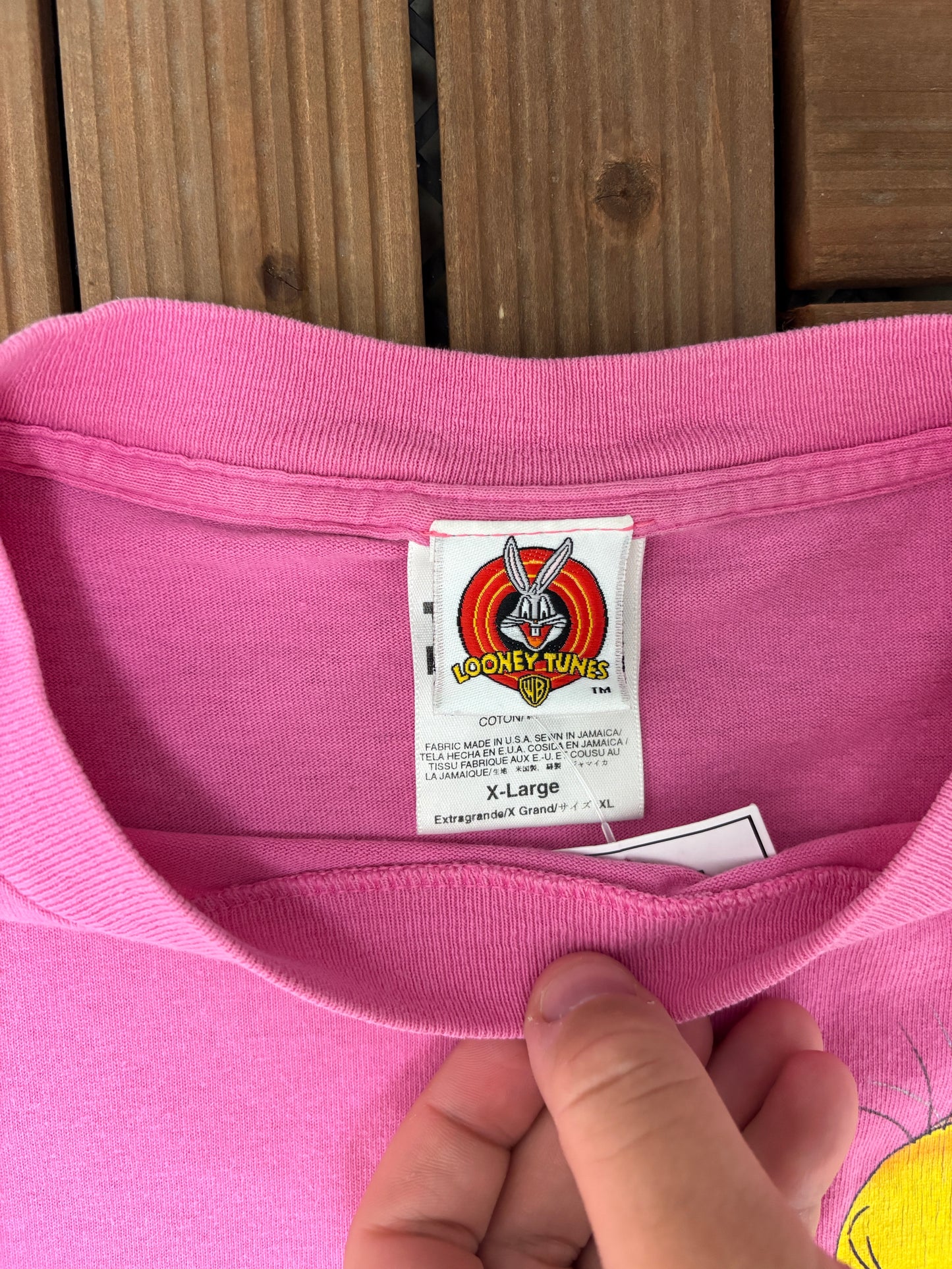 Tweety Bird Graphic Tee | Size X-Large | Vintage 1990s Tweety Bird Looney Tunes Cartoon Pink T-Shirt |