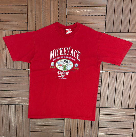 Mickey Mouse Ace U.S. Air Force Graphic Tee | Size X-Large | Vintage 1990s Disney Cartoon Red T-Shirt |