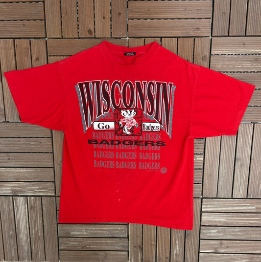 Wisconsin Badgers Graphic Tee | Size Large | Vintage 1990s College Sports Red T-Shirt |
