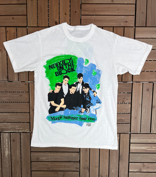 New Kids On The Block Magic Summer Tour 1990 Graphic Tee | Size Medium | Vintage 1990s Boy Band White T-Shirt |