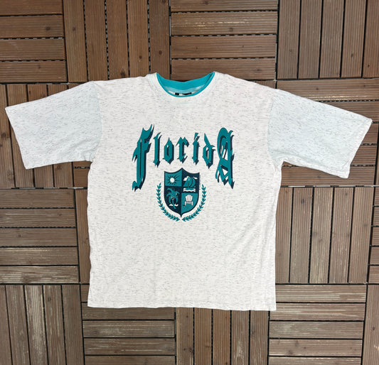 Florida Crest Graphic Tee | Size X-Large | Vintage 1990s Tourist Layered Grey T-Shirt |