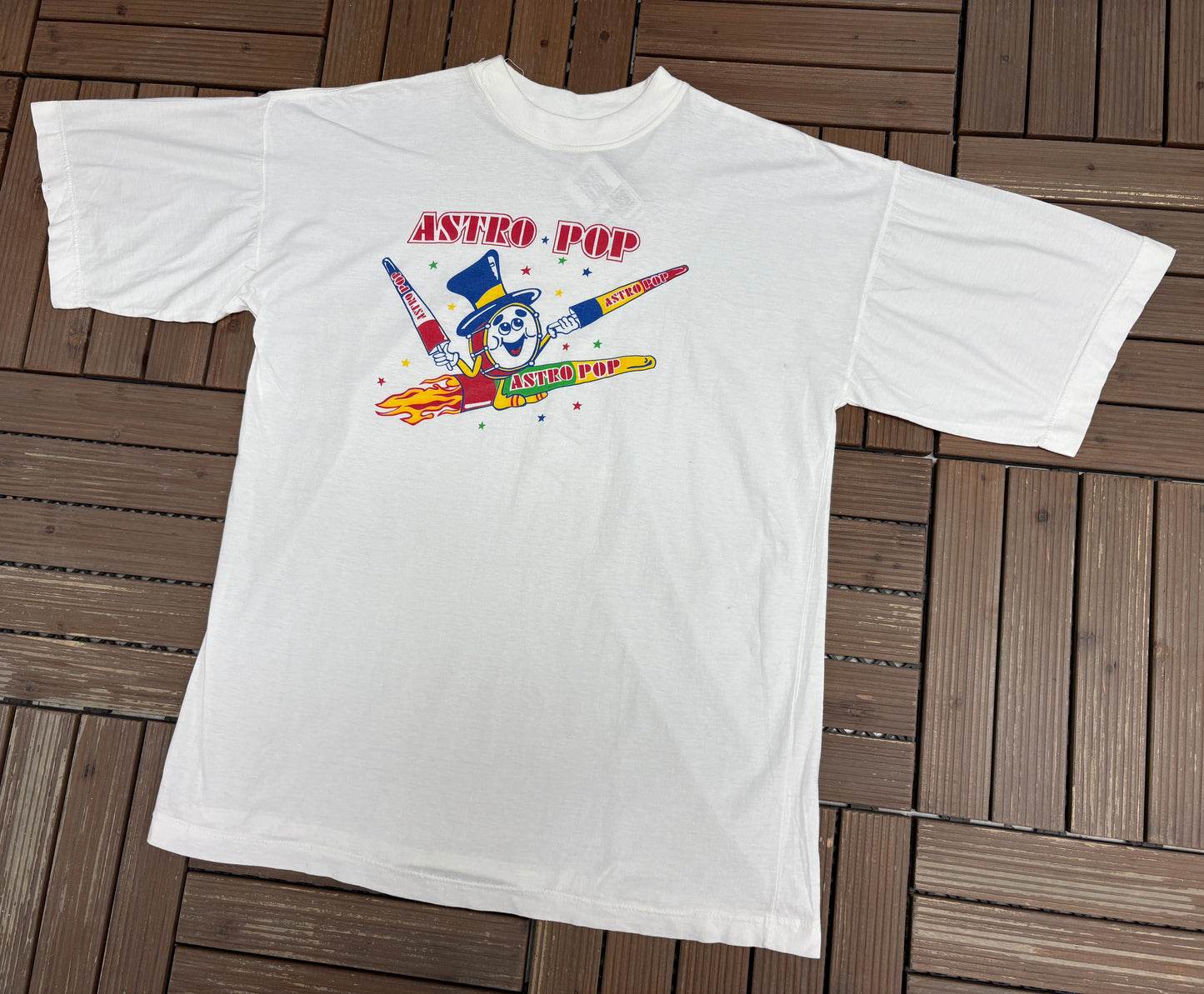 Astro Pop Lollipops Graphic Tee | One Size Fits All | Vintage 1990s Candy White Promotional T-Shirt |