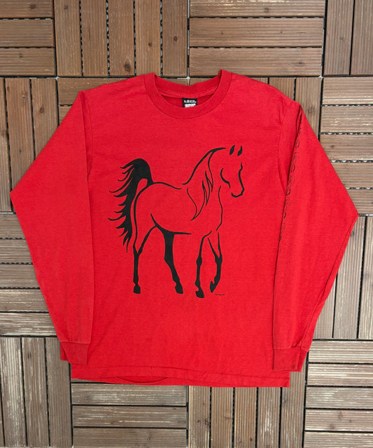 Horse Big Print Graphic Tee | Size X-Large | Vintage 1990s Single Stitch Red Long Sleeve |