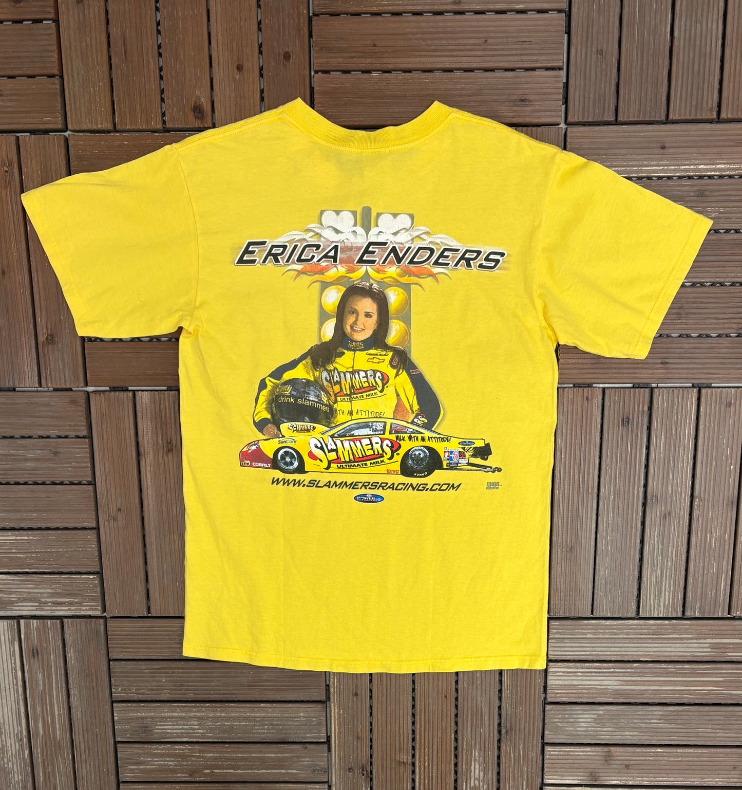 Erica Enders Slammers Racing Graphic Tee | Size Medium | Vintage 2000s Yellow Drag Racing T-Shirt |