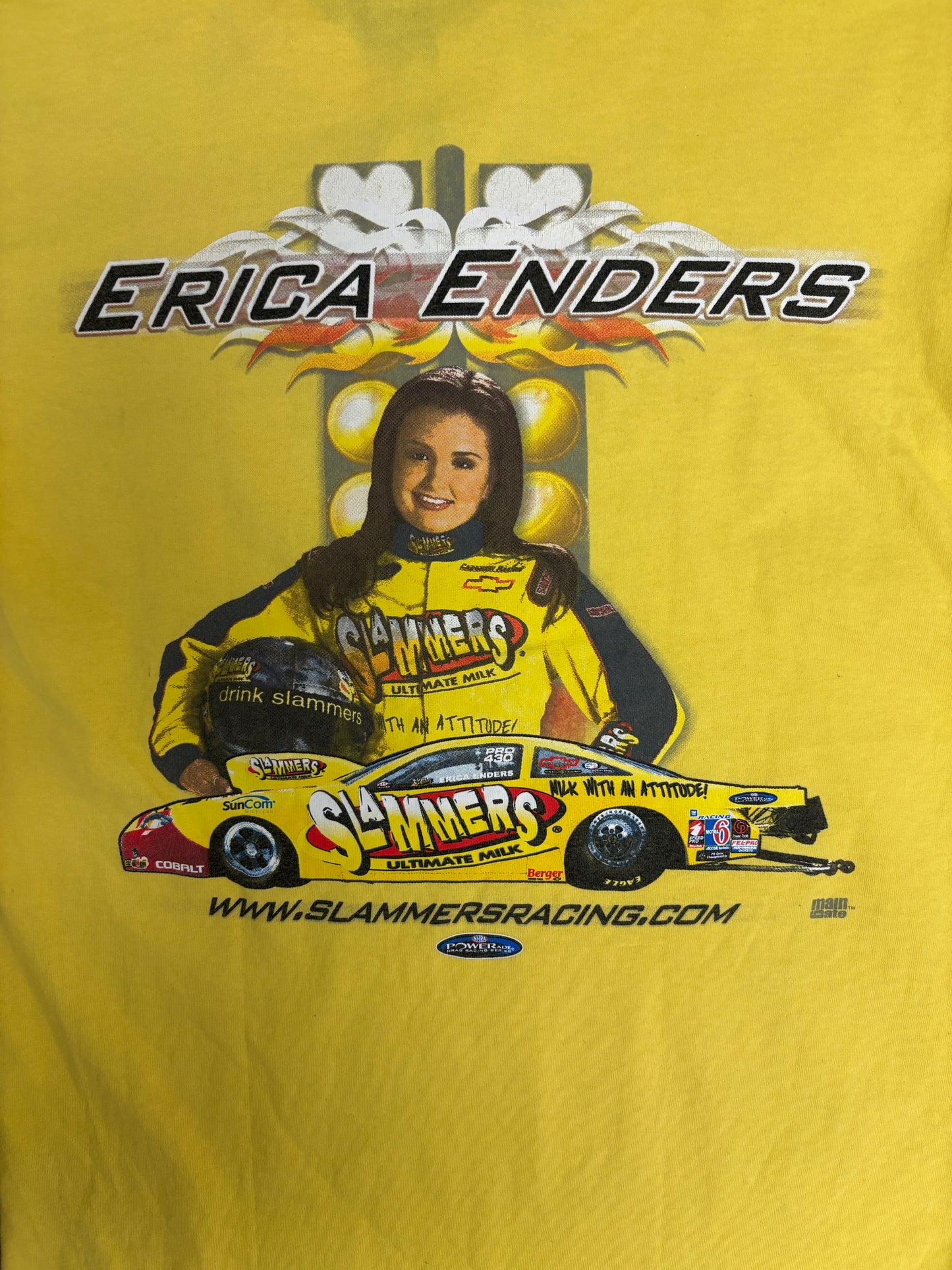 Erica Enders Slammers Racing Graphic Tee | Size Medium | Vintage 2000s Yellow Drag Racing T-Shirt |