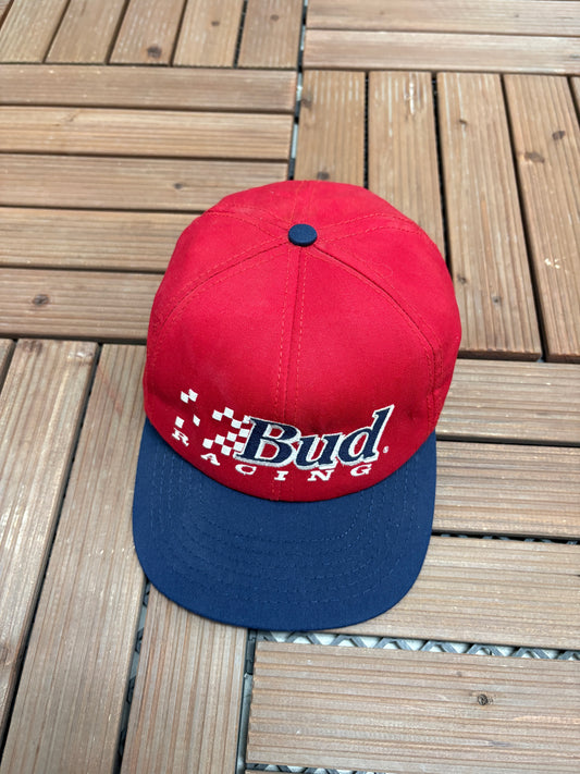 Budweiser Racing Embroidered Graphic Hat | Snap Back | Vintage 1990s Promotional Red Cap |