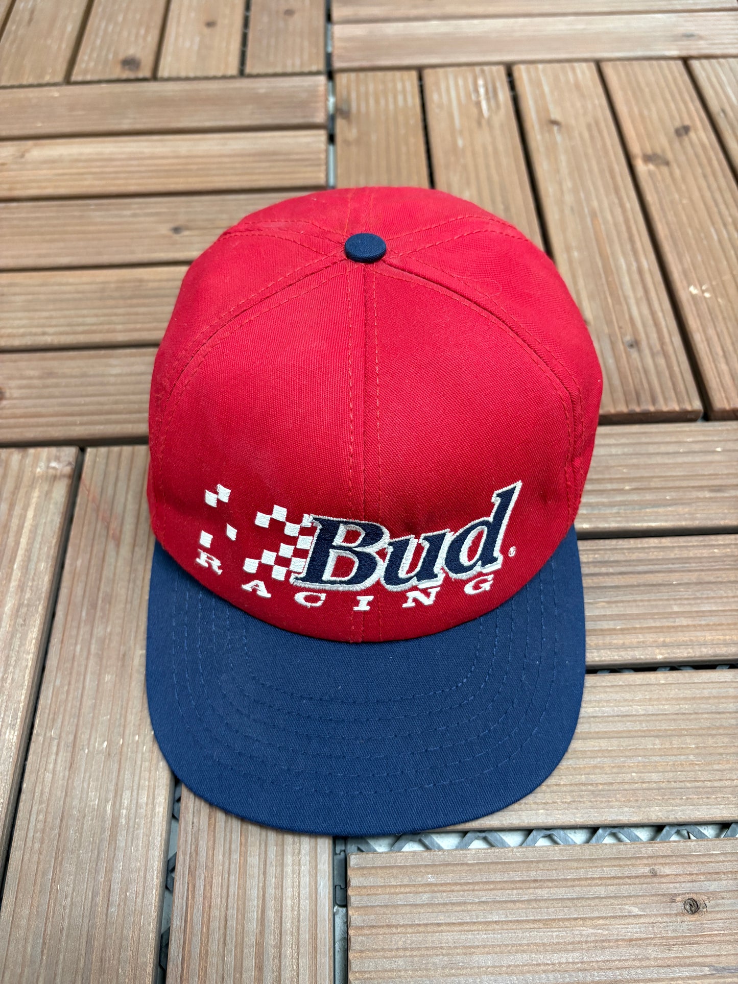 Budweiser Racing Embroidered Graphic Hat | Snap Back | Vintage 1990s Promotional Red Cap |