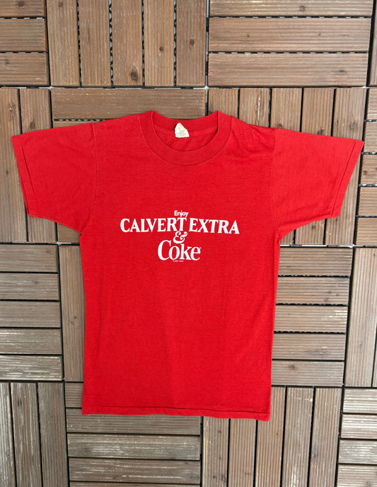 Enjoy Calvert Extra & Coke Graphic Tee | Size Small | Vintage 1980s Promotional Red T-Shirt |