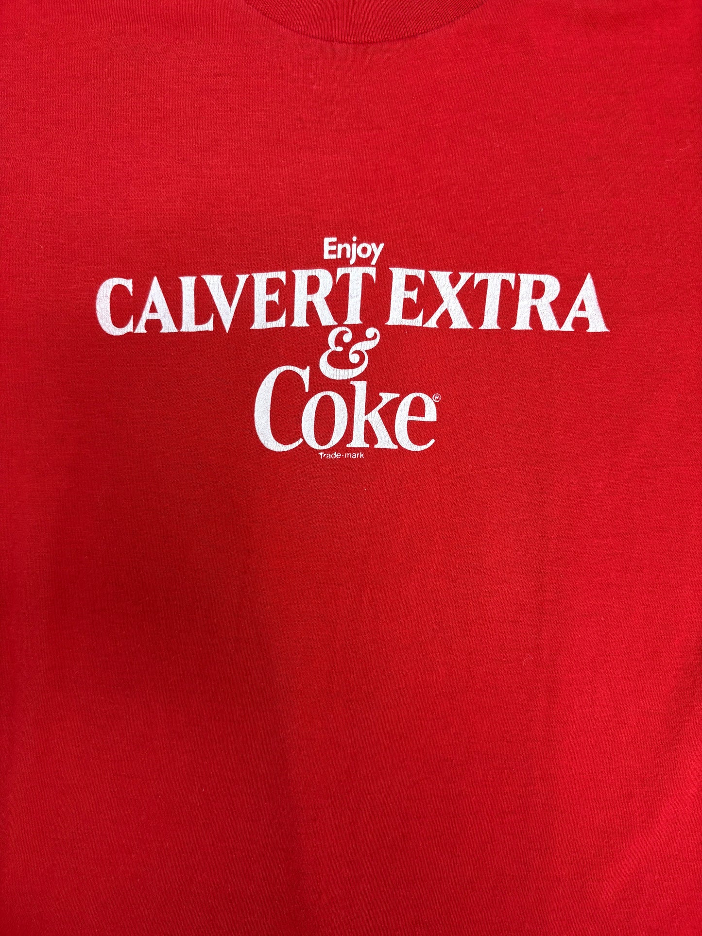 Enjoy Calvert Extra & Coke Graphic Tee | Size Small | Vintage 1980s Promotional Red T-Shirt |