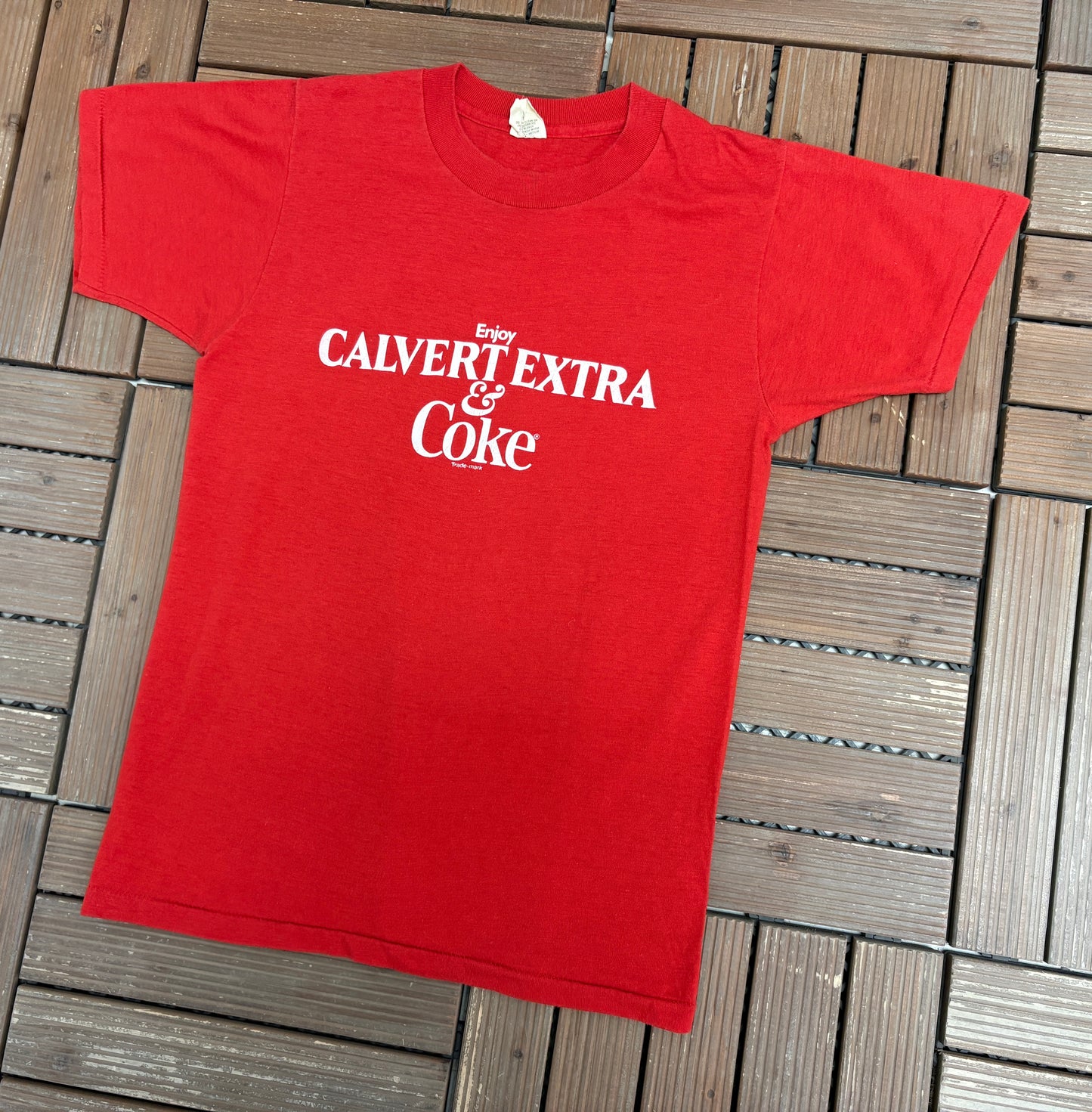 Enjoy Calvert Extra & Coke Graphic Tee | Size Small | Vintage 1980s Promotional Red T-Shirt |