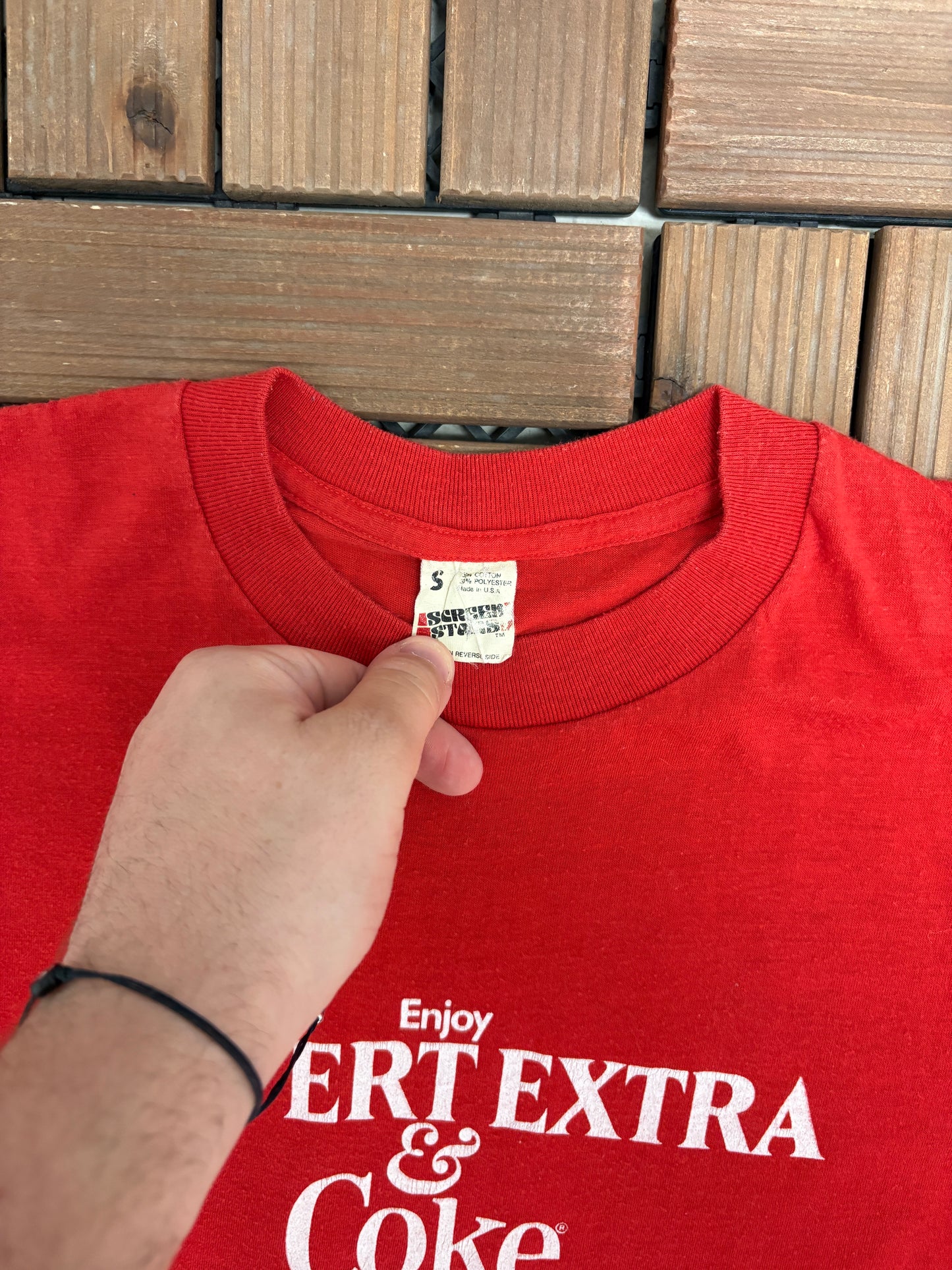 Enjoy Calvert Extra & Coke Graphic Tee | Size Small | Vintage 1980s Promotional Red T-Shirt |