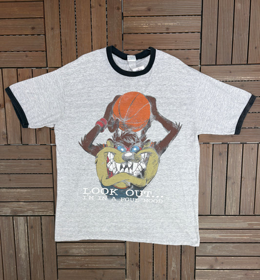 Taz Look Out I'm In A Foul Mood Graphic Tee | Size X-Large | Vintage 1990s Cartoon Grey T-Shirt |