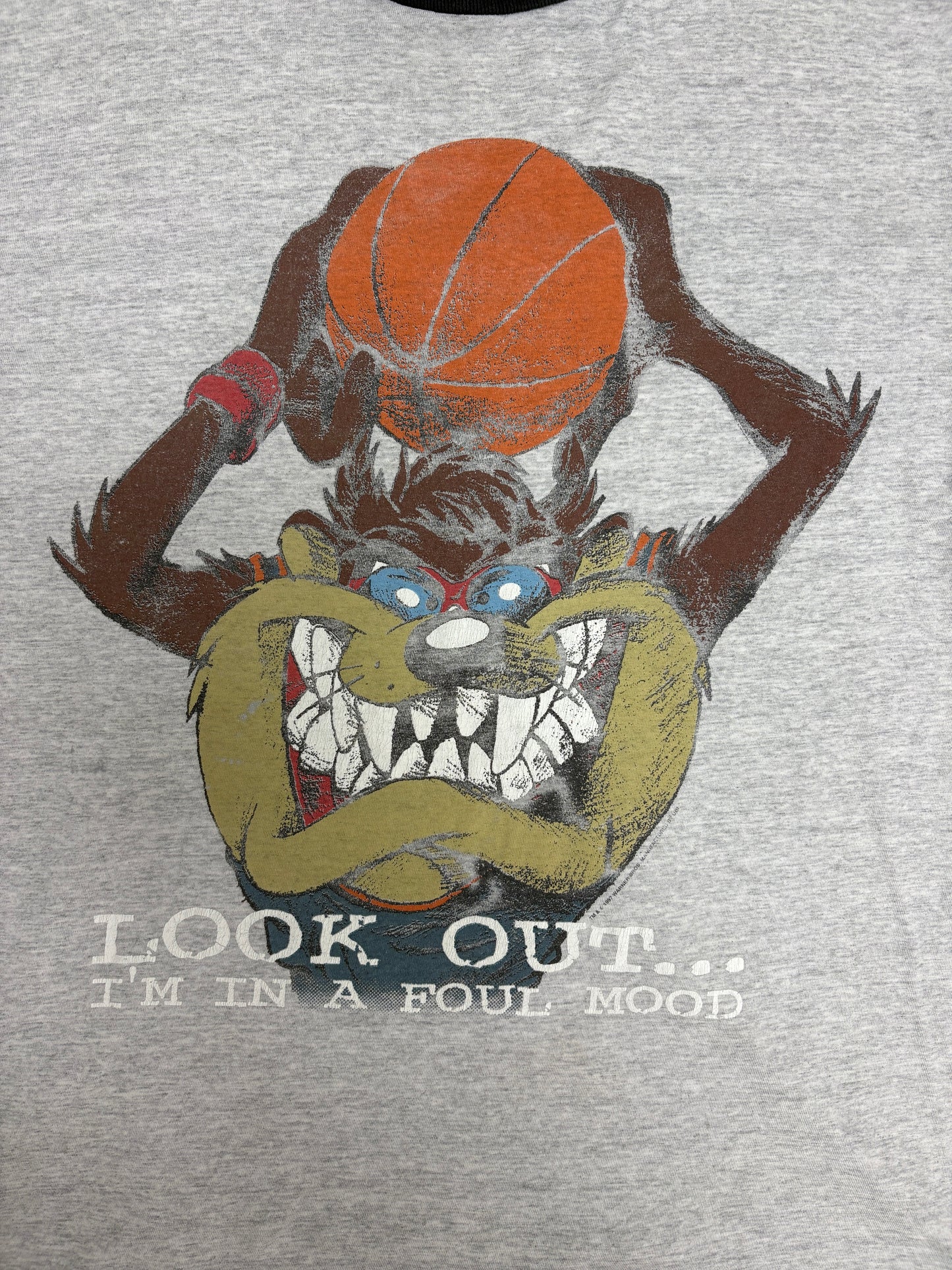 Taz Look Out I'm In A Foul Mood Graphic Tee | Size X-Large | Vintage 1990s Cartoon Grey T-Shirt |
