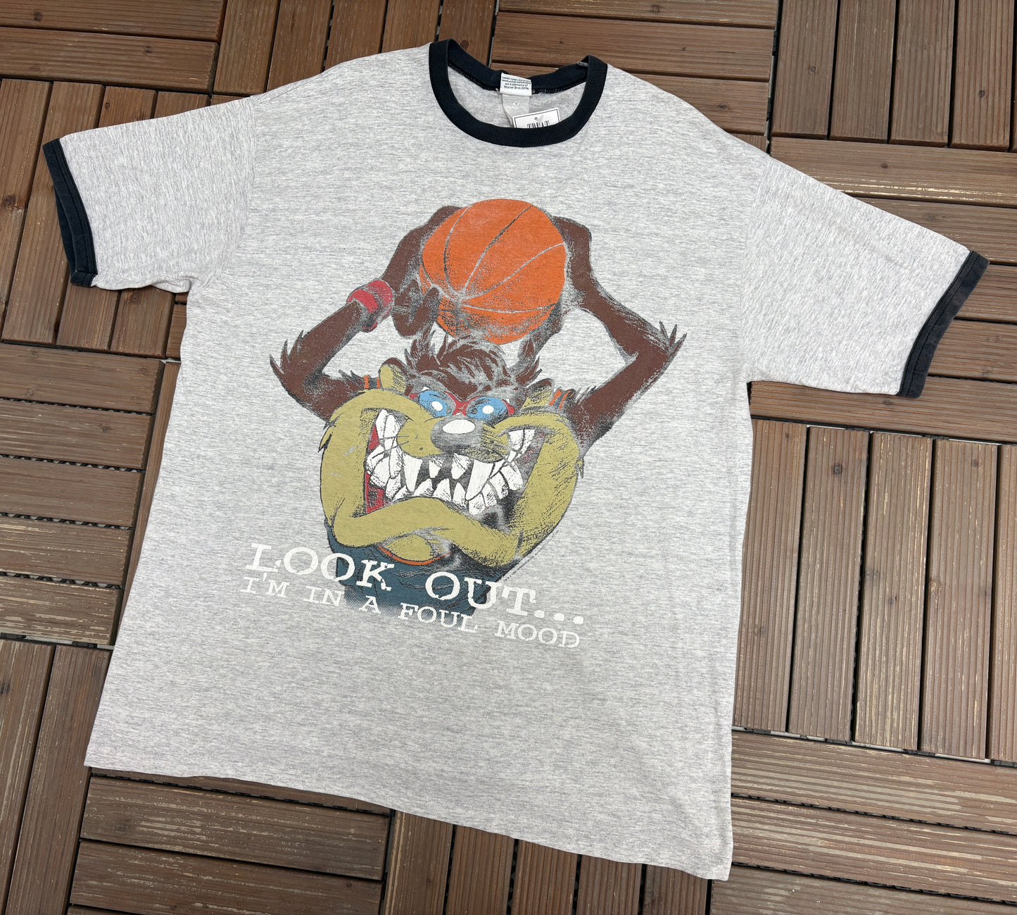 Taz Look Out I'm In A Foul Mood Graphic Tee | Size X-Large | Vintage 1990s Cartoon Grey T-Shirt |