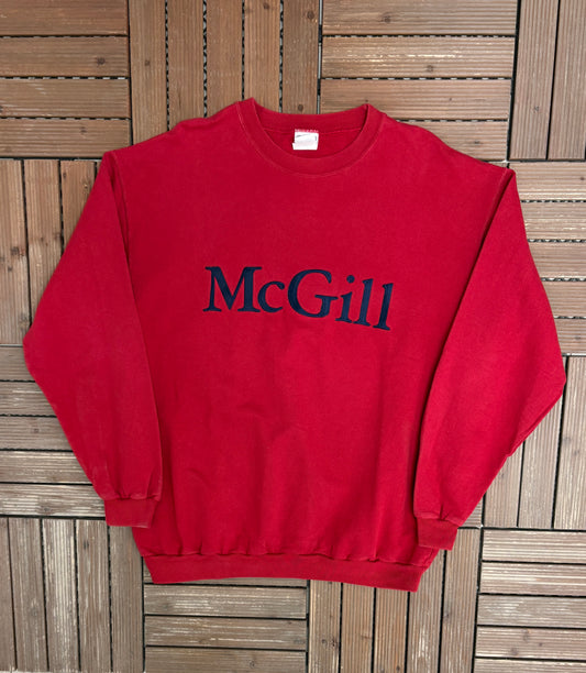 McGill Redbirds University Graphic Crewneck | Size Large | Vintage 1990s University Red Sweater |