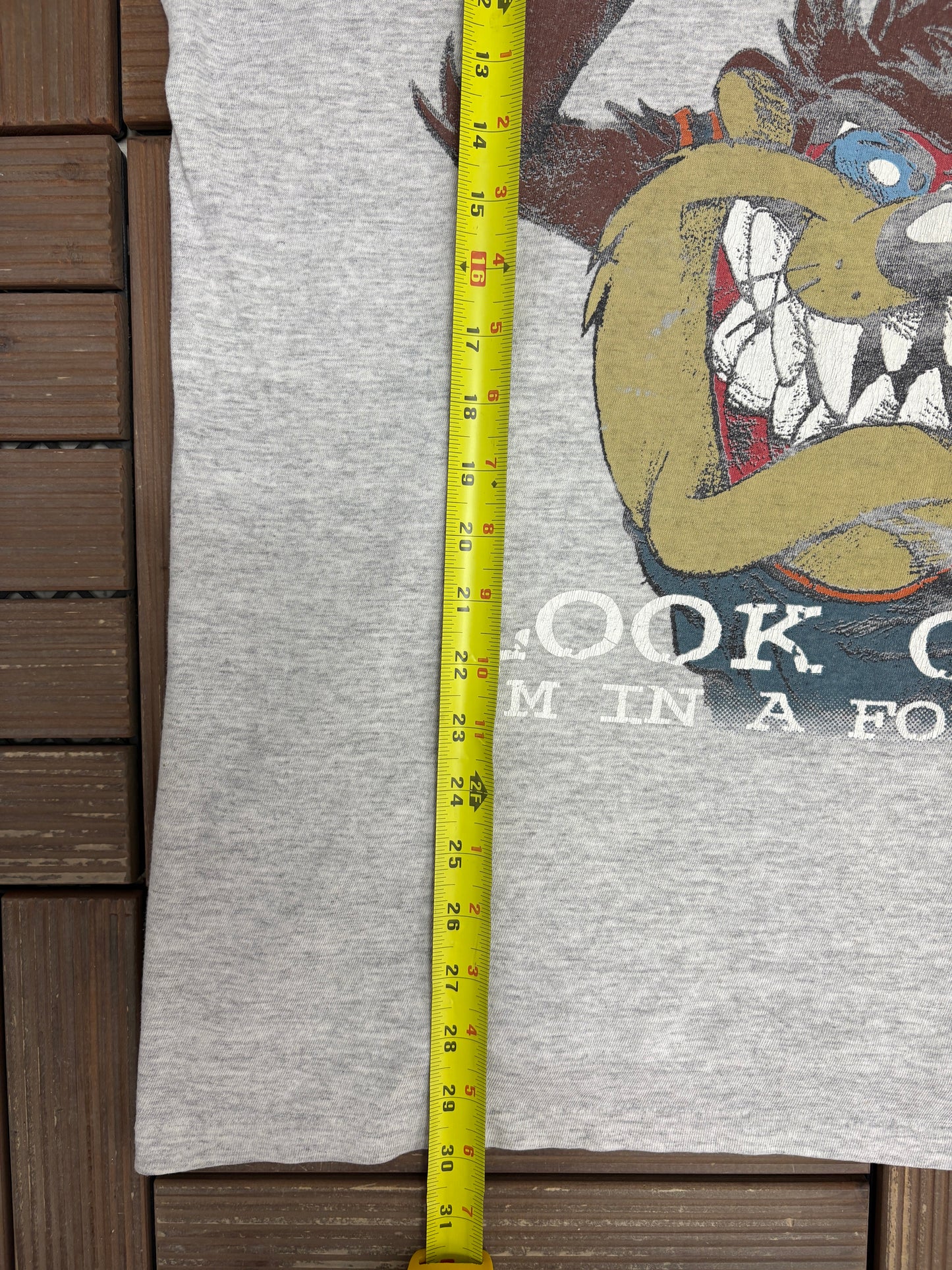 Taz Look Out I'm In A Foul Mood Graphic Tee | Size X-Large | Vintage 1990s Cartoon Grey T-Shirt |